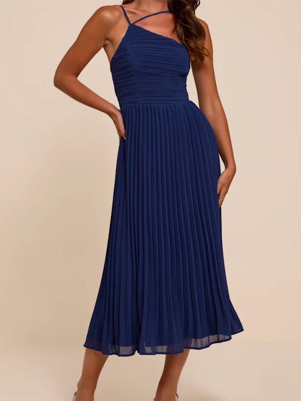 Lulus Wondrous Muse Dark Blue Navy Pleated One Shoulder Midi Dress NWT Small
